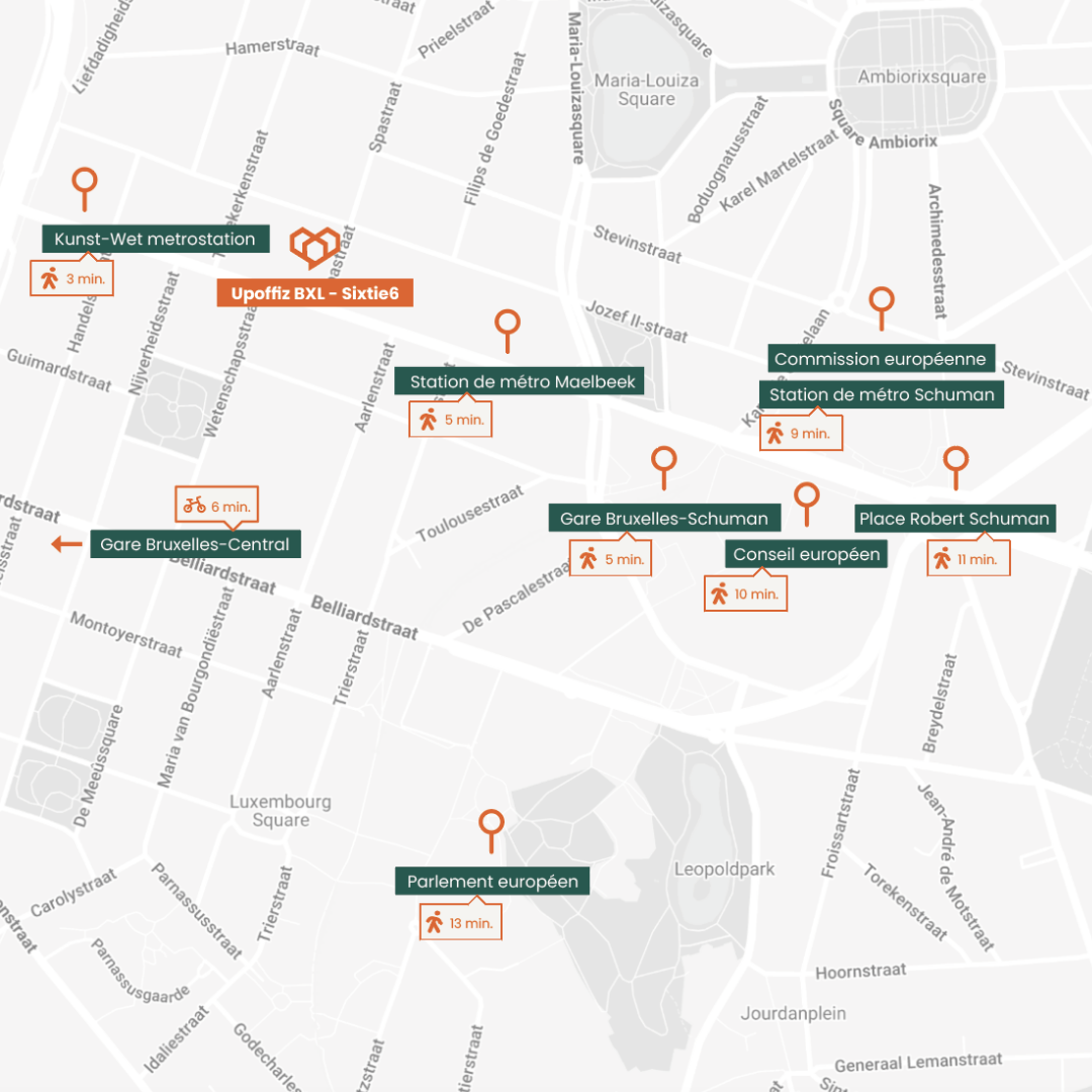 Carte de l'emplacement Upoffiz BXL - Sixtie6 dans le quartier européen de Bruxelles