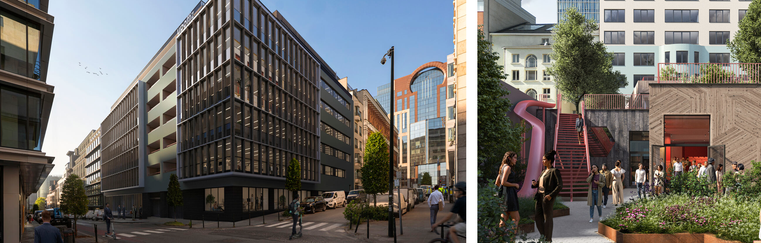Collage van het Upoffiz BXL - Sixtie6 kantoorgebouw in Brussel en de groene binnentuin